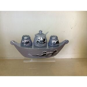 Vintage Japanese Lusterware Condiment Set Salt Pepper Mustard Floral